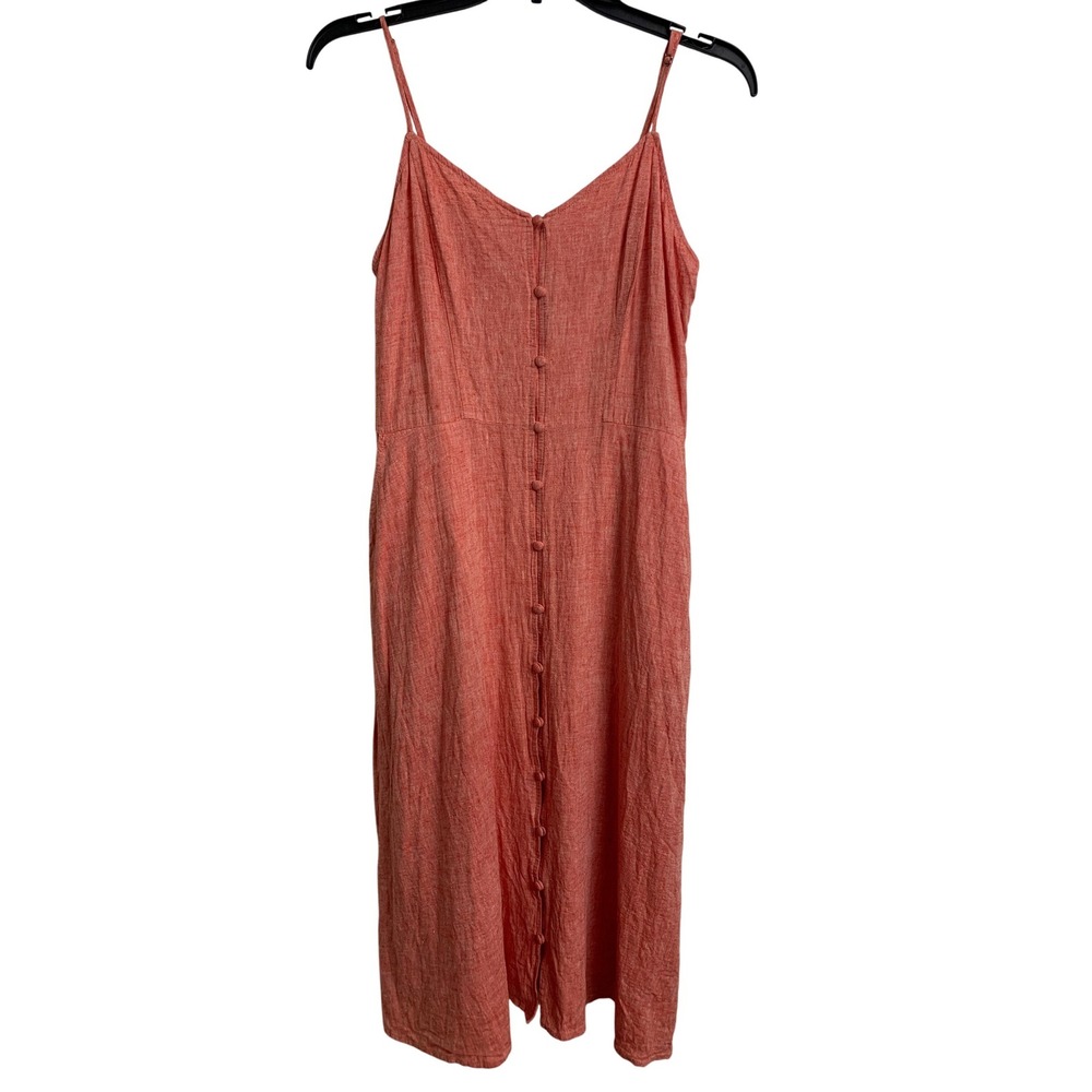 Hinge Coral Pink Linen Blend Button Front Midi Dress Smocked Back Pockets Mens M